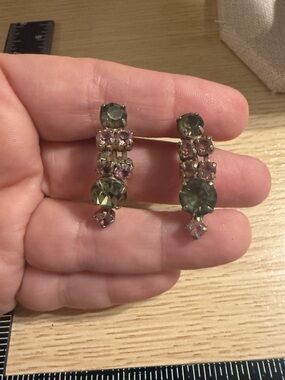 Green and Pink Crystal Drop Earrings - Vintage rare find